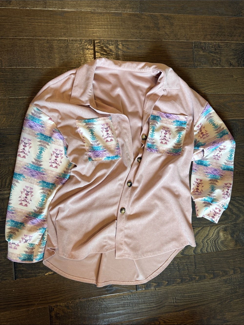 Pink Button-Up Blouse with Patterned Sleeves